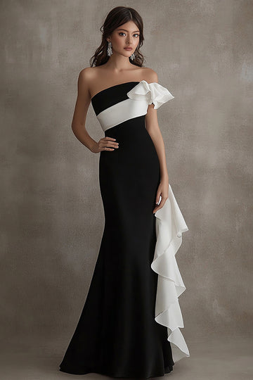Strapless Black White Formal Dress with Ruffled Sash